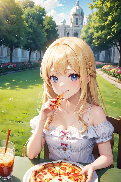 best image quality、top quality、Girl eating pizza in the garden、Blonde Princess、Oblique View、smile、Royal Palace、