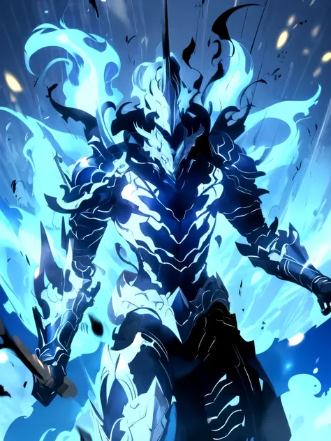 solo, cowboy shot, armor, helmet, fire, shoulder armor, gauntlets, blue theme, breastplate, full armor, blue fire, undead shadow knight with blue flames and black body