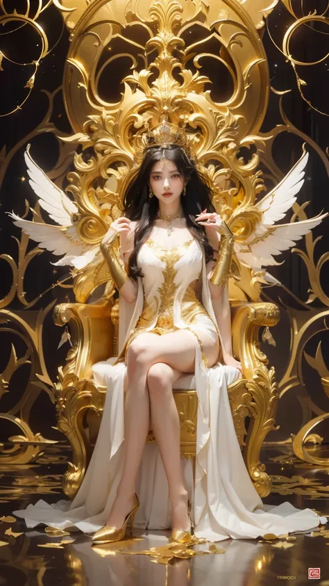 "A beautiful woman with pointed ears like a fairy sat on a magnificent golden throne. She wore an elegant pink dress with intricate gold decorations. Her hair was long and black, adorned with a beautiful golden crown. She had a graceful and mysterious expr...