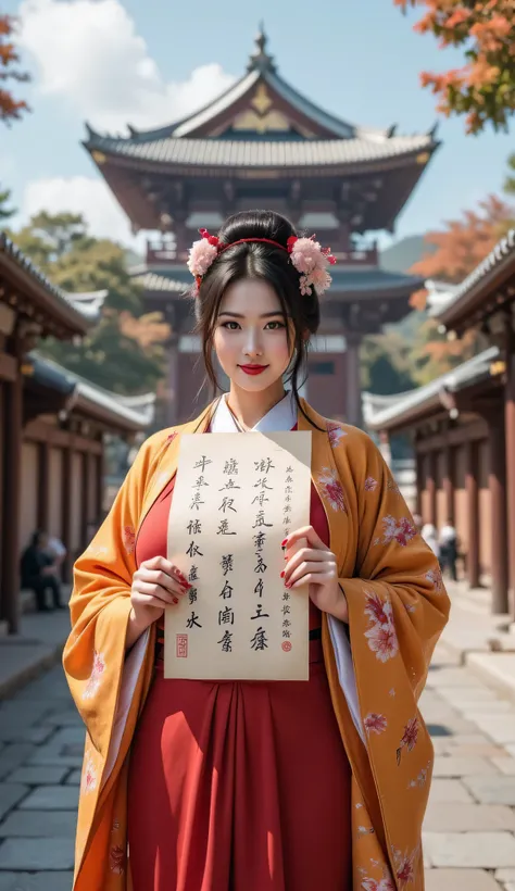 ((**Prompt:** during ancient japan tokugawa time, Create a hyper-realistic wide scenery image of a prehistoric japanese geisha female standing confidently at the forefront, her full body view showcasing her elegantly busty silhouette. She holds up a large ...
