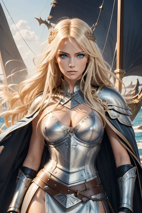 Gorgeous Woman, Valkyrie, Long blonde hair, blue eyes, detailed facial features, proportional hands, proportional fingers, leather armor, fur cape, viking ship,