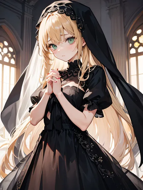  A woman with long blond hair, covered with a veil that has embroidery, hair with fair skin, green eyes in a black dress, As if it were a figure of the Virgin, your face shows sadness or concern clasping your hands together