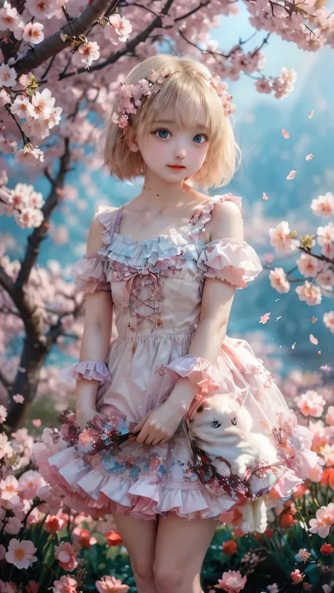 pretty girl、round face、big eyes、sagitales、 Dark Blue Eyes 、Platinum Blonde Straight Short Bob、Beautiful cherry blossoms in full bloom、Cherry blossom tunnel、Flower Raft、Spring scenery、metallic gothic lolis、layered with many panniers、skirt that spreads softl...