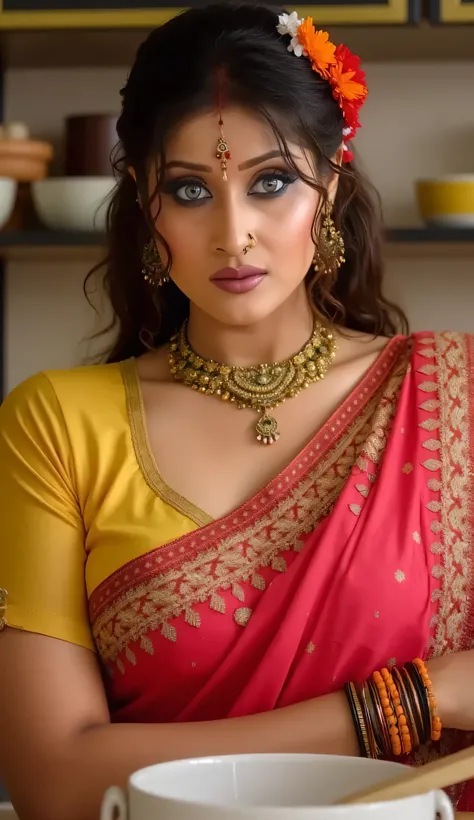Woman,front view,lusty blue eyes, sexy woman, sweat body,washing dishes, deep cleavage visible, red saree covering her body, yellow blouse,flower in head, extreme orgasm, sweat body,sweat droplets seen in her body, round bindi, thick eyelashes, black eyeli...