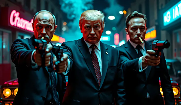 A hyper-realistic digital painting of Donald Trump, Vladimir Putin and Elon Musk depicted as gangsters. The men are holding machine guns and pointing them forward. They have full-sleeve tattoos, cigars in their mouths and wear stylish gangster suits. The s...