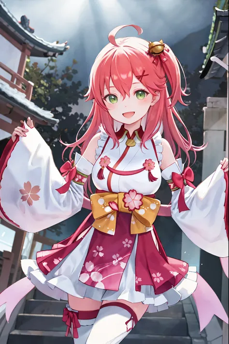 masterpiece, best quality, highres, miko1, sakura_miko, 1girl, large_breasts, solo, ahoge, x_hair_ornament, light_red_hair, floral print, hairclip,(side_less_clothes:1.2), side_breasts), hair_bell, floral print, long_hair, hair between eyes, one side up, w...