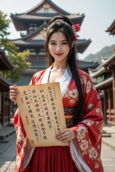 ((**Prompt:** during ancient japan tokugawa time, Create a hyper-realistic wide scenery image of a prehistoric japanese geisha female sitting confidently at the forefront, her full body view showcasing her elegantly busty silhouette. She holds writing down...