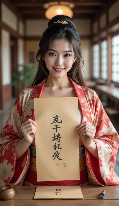 ((**Prompt:** during ancient japan tokugawa time, Create a hyper-realistic wide scenery image of a prehistoric japanese geisha female sitting confidently at the forefront, her full body view showcasing her elegantly busty silhouette. She holds writing down...