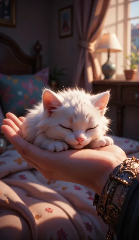 3D cute happy little white kitten sleeping on the human's palm; The scene features a beautiful bedroom in the evening; Background Blur