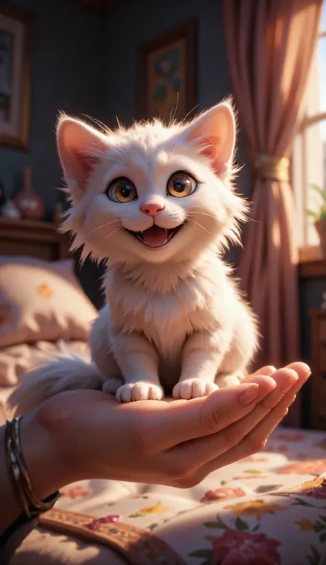 3D cute happy little white kitten sitting on the human's palm; The scene features a beautiful bedroom in the morning; Background Blur