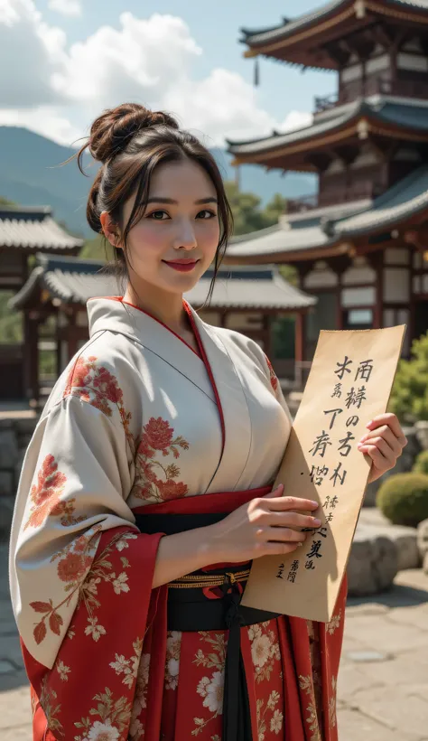 ((**Prompt:** during ancient japan tokugawa time, Create a hyper-realistic wide scenery image of a prehistoric japanese geisha female sitting confidently at the forefront, her full body view showcasing her elegantly busty silhouette. She holds writing down...