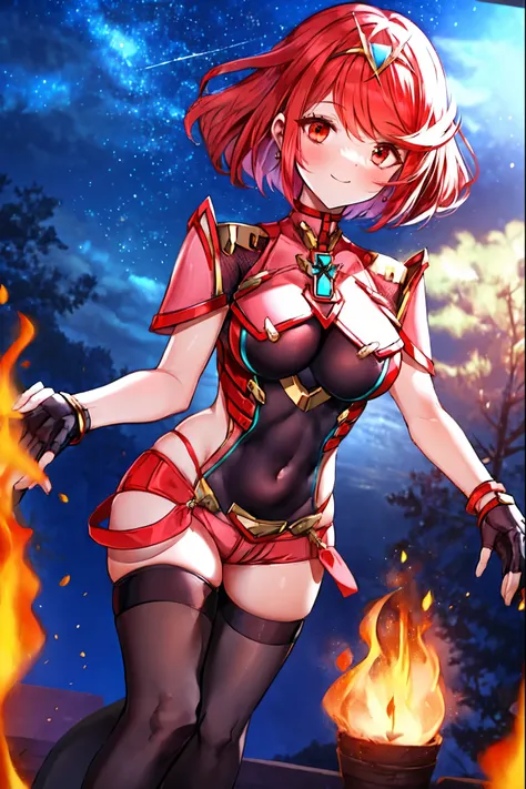  Masterpiece,  top quality,  integrated landscape, integrated background,   very delicate and beautiful  ,  Details, Good composition, ,  cute face,  perfect face,  perfect hand,  top quality, Bonfire \( Xenoblade \), 1 Young__ girl, armor, bangs, red eye,...