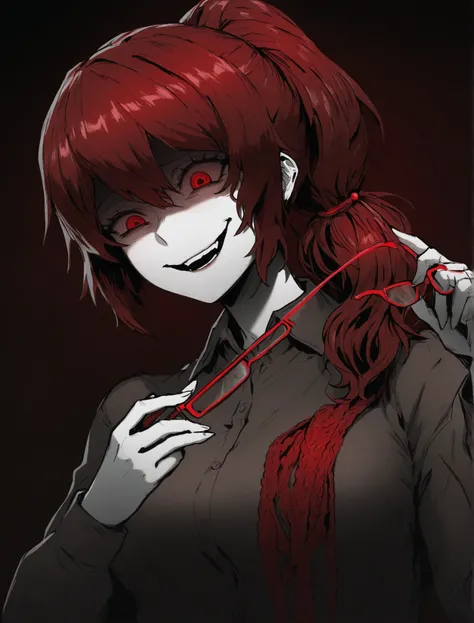 masterpiece, best quality, Limited color palette , Line Art,  dark (theme),upper body,
1 girl who died,Alone,
Edge Guess Gao, sadistic smile, bungs, simple background,, long sleeve,, upper body, knitting glasses, red hair, collared shirt, signature,  grada...