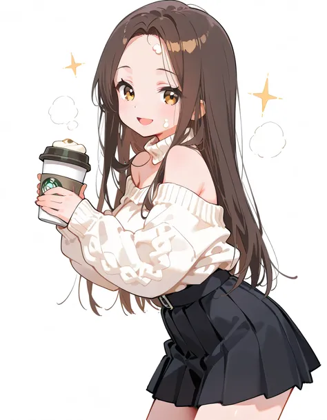 sideview+,(dynamic cute pose:1.3),(looking at viewer),solo,1girl,18years old,dark brown long straight hair,forehead,natural cosmetic,adult female face,open mouth smile,(offshoulder cream color sweater),pleats mini skirt,have a starbacks coffee cup,pastel s...