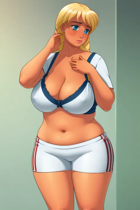 ((masterpiece)), ((realistic art)), ((anime)), ((perfect quality)), (very chubby), (holding belly), ((best quality)), ((solo)), ((girl)), sl, blonde hair, (full body art), face : [very beautiful face, realistic, detailed, (perfect face)], pose : [(shy pose...