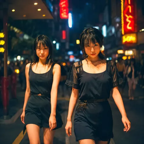 	4.	“High-resolution digital photograph of Japanese identical twin sisters walking through neon-lit Shinjuku streets at night, their expressions and synchronized movements captured in detail.”

