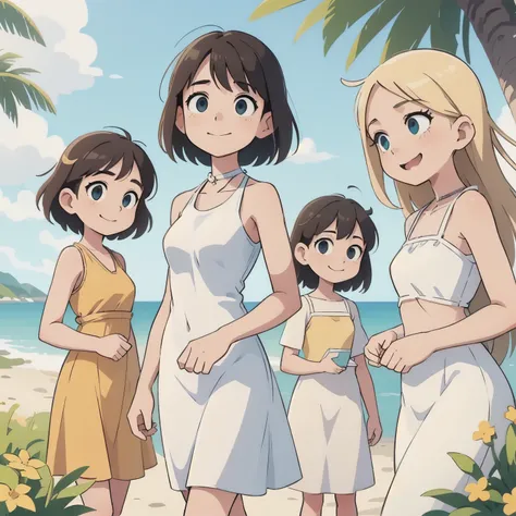 hree girls walk near the beach, in back ground other people3 young women walking along the beach, other people visible in the background, serene coastal landscape, golden hour lighting, soft ocean breeze, warm summer day, detailed facial features, relaxed ...