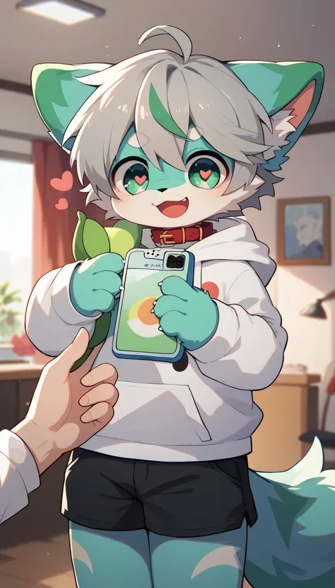  very well detailedな, very well detailed, blue fur gray hair  ,,boy,骨を見てExcited , heart eye,Participation, red collar, green white and colorful hats, cute face,Show me your legs ,Excited ,Lustful Boys,boy,Smiling face, droopy ears,room,want,iPhone in hand ...