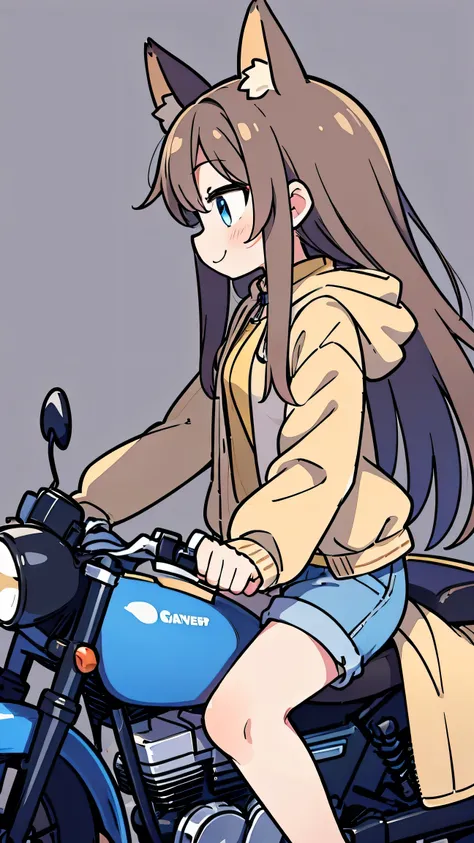 anime style、 cute face、 woman、 fox ears、brown hair、tail、 blue eyes、 long hair、 beige jacket  、jeans、simple background、profile、I'm riding a blue motorcycle、smile