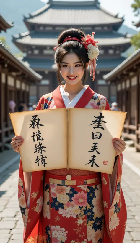 ((**Prompt:** during ancient japan tokugawa time, Create a hyper-realistic wide scenery image of a prehistoric japanese geisha female walking confidently at the forefront, her full body view showcasing her elegantly busty silhouette. Tracking shot. She hol...