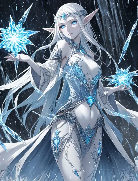 white hair,  female, slim body, Ability to control ice,  blue glowing eyes, dressed relatively freely, Elf, completely white skin