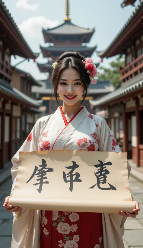 ((**Prompt:** during ancient japan tokugawa time, Create a hyper-realistic wide scenery image of a prehistoric japanese geisha female standing confidently at the forefront, her full body view showcasing her elegantly busty silhouette. She holds up a large ...