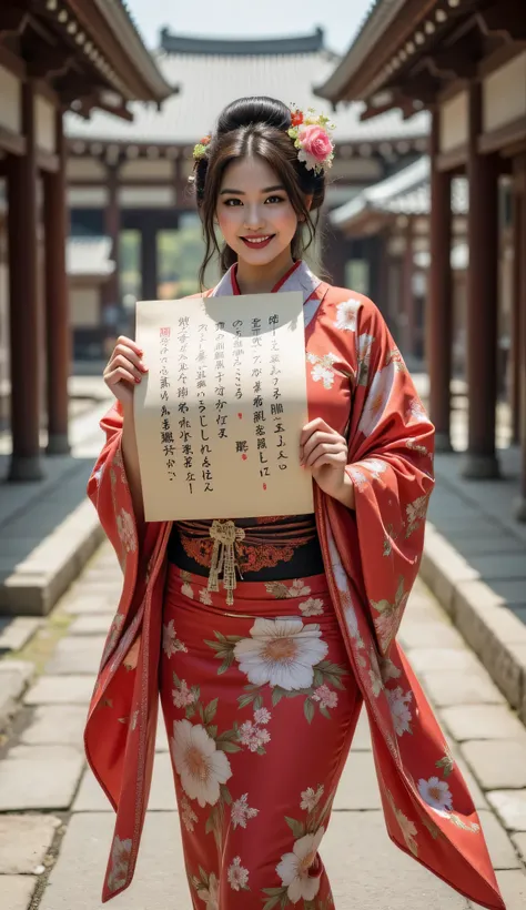 ((**Prompt:** during ancient japan tokugawa time, Create a hyper-realistic wide scenery image of a prehistoric japanese geisha female walking confidently at the forefront, her full body view showcasing her elegantly busty silhouette. Tracking shot. She hol...