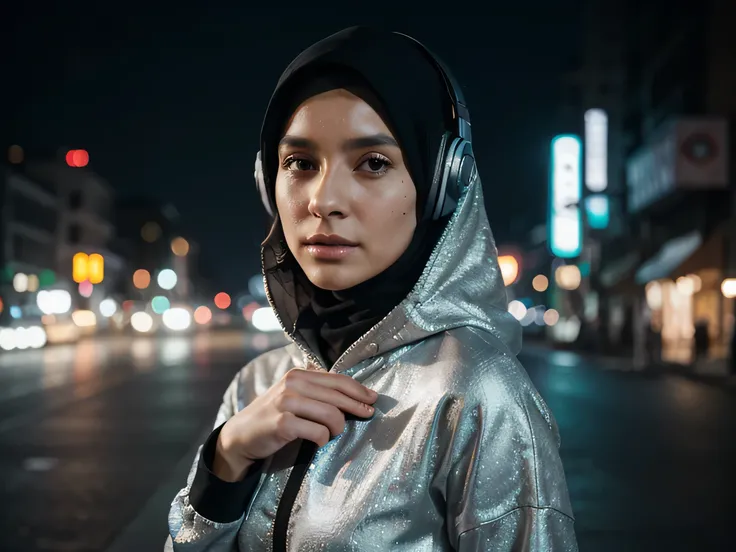 Create a picture following this prompt, A 40 year old young woman, wearing a  hijab, wearing a very elegant gown , and bright neon headphones. The background features a city night cyberpunk scene with colorful bokeh lights and a faint crowd in the distance...