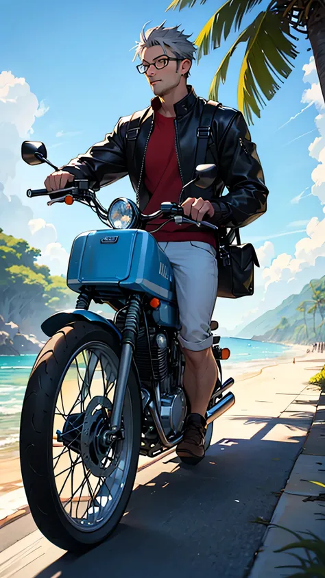 FHD, 8k, HDR, MASTERPIECE, 1 man, wearing glasses,  35 years old, youthful appearance, with slightly gray hair, carrying a snack delivery bag, riding a stylish blue motorcycle with. Details in white and light blue, in a beach setting , side view