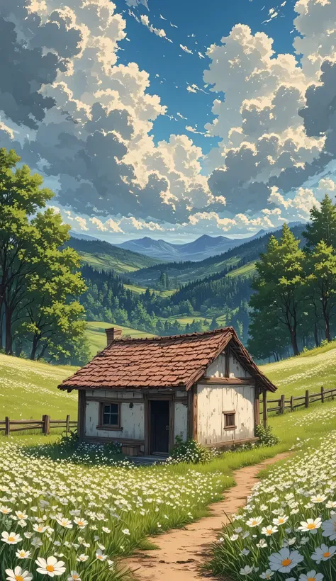 (Minimalism: 1.4), rich details drawn with simple Tintin style art, a* *"of an old cabin in the distance!!!!! on a meadow covered with white flowers, Its walls cracked with small cracks and patches of moisture, The cabin has a roof of aged red tiles with ...