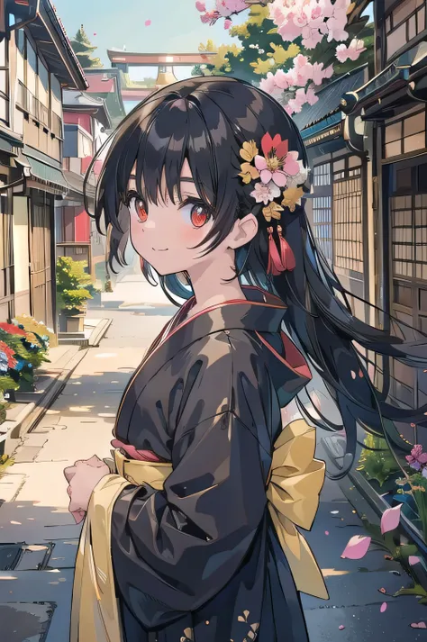 (masterpiece), Scenery, Kyoto Streetscape Old Japan upper body, 1 girl, Adventurer clear Shiny black hair wheat-colored skin brown skin black robe kimono stupid hair Noble Long Hair scrapes up the hair red eyes petals flutter around the mouth starin...