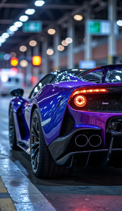 "Luxury Sports Car, Aerodynamic Design, Carbon Fiber, Metallic blue-purple, Slender Headlights, Bright Alloy Wheels, High-Quality Tires, Elevated Spoiler, Twin Exhausts. Highway. Elegant Rear Lighting, Hyper-realistic, Professional Photography, High Resolu...