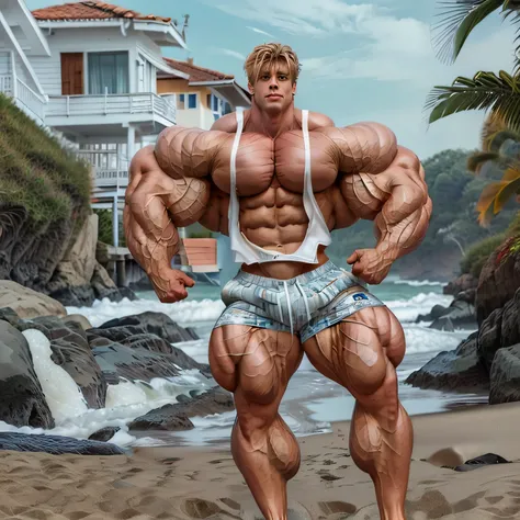 a very handsome man, blonde hair, muscular, full body, wearing small swim shorts, small crop top, standing at beach, huge crotch bulge, High Resolution, Masterpiece, Best Quality, High Details, HD, High Quality, Super Detailed, UHD, no blur, no distortion,...