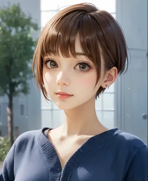 short brown hair, 、A girl in a dark blue shirt is looking at the camera,short hair、very short, Portrait, アニメの女の子のPortrait, cute アニメの女の子のPortrait, beautiful アニメのPortrait, cute アニメの女の子のPortraits, Cute portrait, アニメスタイルPortrait , アニメの女の子のPortrait, 可愛いアニメの女の子の...