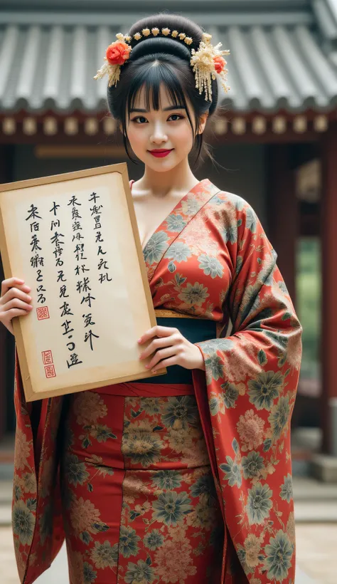 ((**Prompt:** during ancient japan tokugawa time, Create a hyper-realistic wide scenery image of a prehistoric japanese geisha female walking confidently at the forefront, her full body view showcasing her elegantly busty silhouette. She holds up a large p...