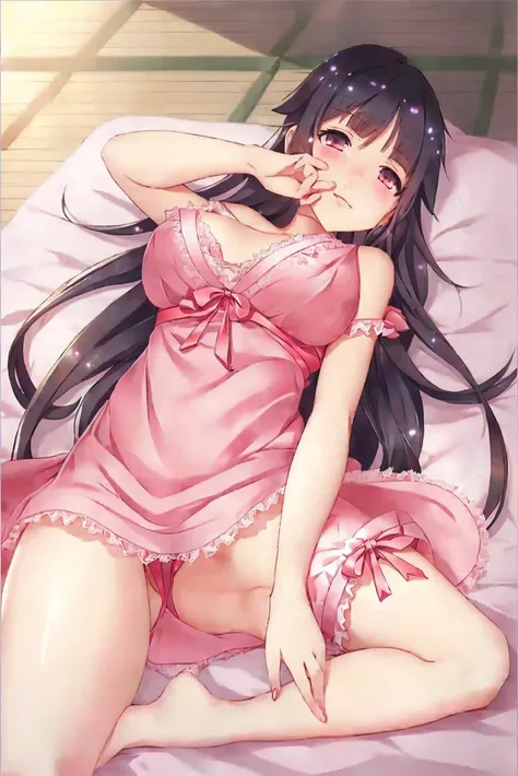 Anime girl in pink lingerie lying on the bed with her hand on her chin, Loli in dress, , seductive anime girl,  anime art style Moe , classificado como top on pixiv, cute and attractive anime  , on pixiv, pixiv 3dcg,  Cute anime waifu in a pretty dress, By...