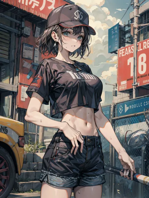earring, big breasts, short hair, black hair, cowboy shot, sweat, baseball cap, black T-shirt, crop top, shorts,