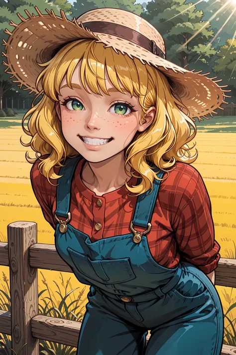 masterpiece, best quality, amazing quality, hyper-detailed, newest, very aesthetic, solo, three-quarter view, upper body, 1girl, yellow hair, wavy hair, green eyes, freckles, smile, grin, looking at viewer, straw hat, plaid shirt, red shirt, blue overalls,...