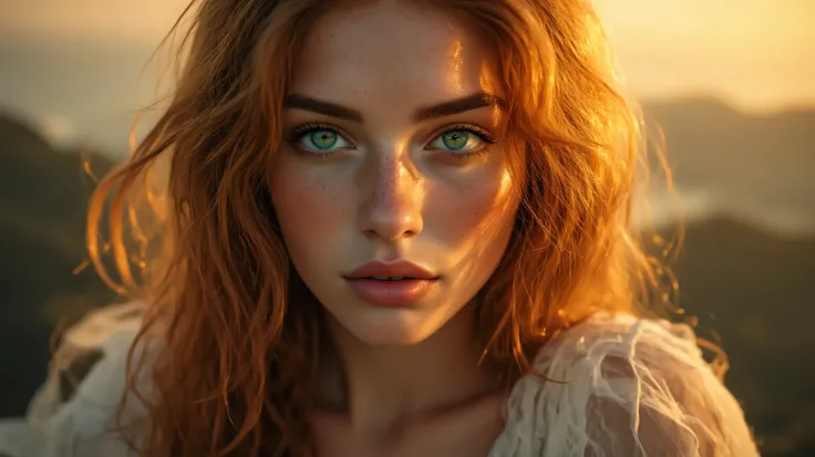 "A hyper-realistic image of Mary Magdalene, depicted as an extremely beautiful woman with long, wavy, golden-brown hair, clear, piercing eyes (blue or green), radiant skin, and delicate features. She wears authentic biblical clothing made of fine, slightly...
