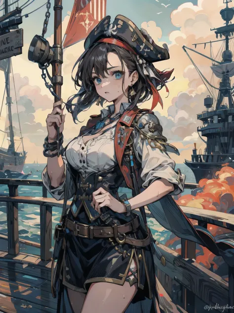 earring, big breasts, short hair, black hair, cowboy shot, sweat, Pirates of the Caribbean, Sexy female pirate, On the deck of the ship