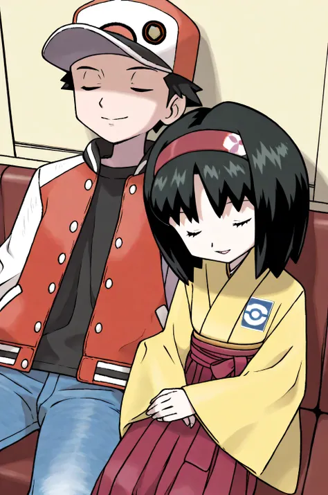 Erika_(pokemon), 1girl, bob_cut, short_hair, black_hair, parted_bangs, petite, hairband, red_hairband, closed_eyes, eyelashes, japanese_clothes, kimono, yellow_kimono, hakama, red_hakama, Red_(pokemon), 1boy, baseball_cap, brown_hair, red_hat, t-shirt, shi...