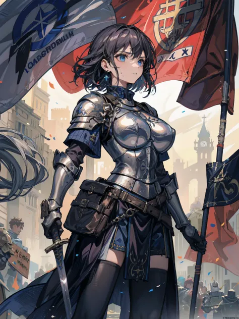 earring, big breasts, short hair, black hair, cowboy shot, sweat, Joan of Arc, medieval armor, silver breastplate, chainmail, heroic pose, flowing hair, holding sword, holding banner, battlefield, strong female warrior, French heroine,