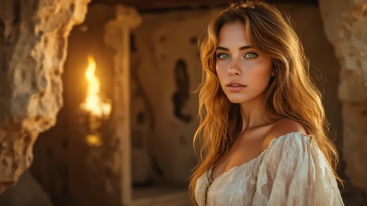 "A hyper-realistic image of Mary Magdalene, depicted as an extremely beautiful woman with long, wavy, golden-brown hair, clear, piercing eyes (blue or green), radiant skin, and delicate features. She wears authentic biblical clothing made of fine, slightly...