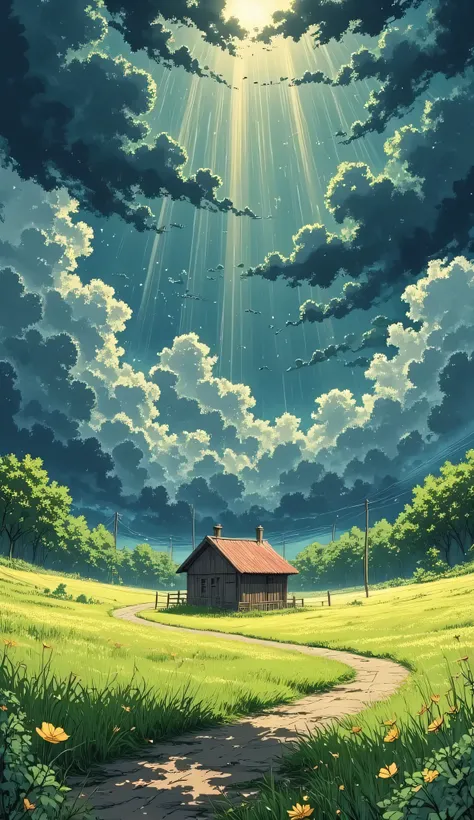*"anime-style digital illustration, in
The scene shows a cabin with a red tile roof and white wooden walls., located in the middle of a vibrant green field. A narrow dirt road, wet from recent rain, meanders from the foreground to the house
The sky domi...