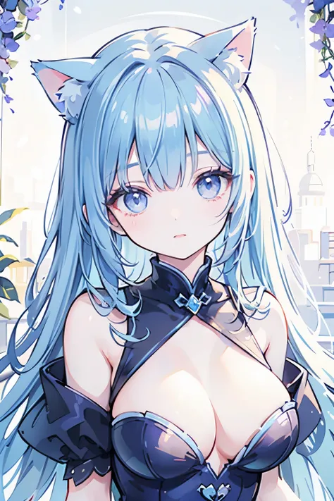 Light Blue Hair、long hair、Cat ears、Characters with Odd Eyes in Light Blue and Purple、Portrait、Gloss Makeup、charming expression at dusk、Body Position、Fantasy Backgrounds、Elaborate Plants、mysterious atmosphere、4K high definition、photoshoot、professional、High ...