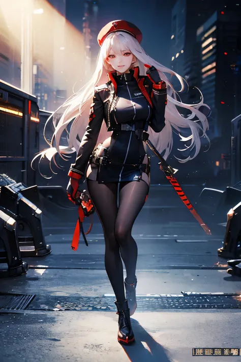 1 female,2D,ultra high definition, full body,A distinct face,red combat uniform,Standing steady,machine gun,very beautiful face, smiles more closely,Stocking backlight,shiny hair,Realistic,Photorealistic,Extreme detail,Professional , rich colors ,Lighting ...