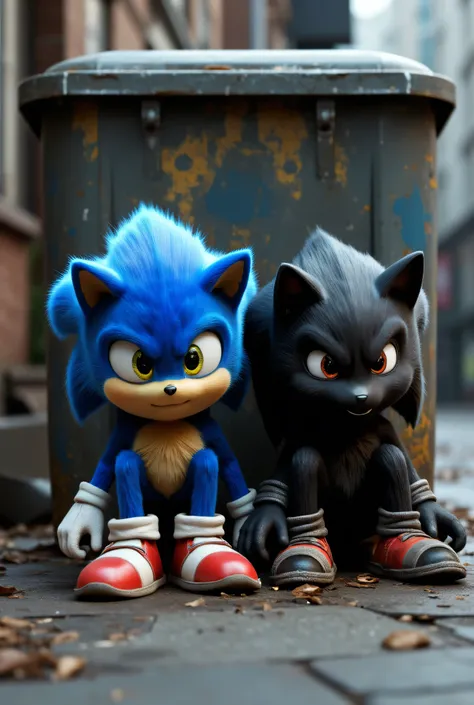 Sonic and Sonic Black sitting in front of a garbage bin Pedin