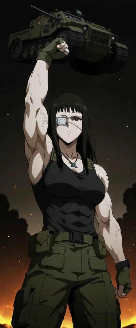 1girl,solo,mm,mature female,black hair,eyepatch,brown eyes,medium breasts,anime coloring,long hair, muscular, black sport Elastic fiber tank top and dark green loose military combat armor trousers with belt,cowboy shot,in military base, ,masterpiece,...