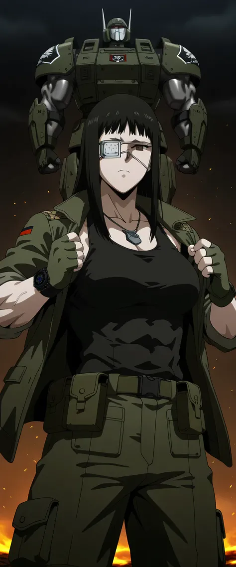 1girl,solo,mm,mature female,black hair,eyepatch,brown eyes,medium breasts,anime coloring,long hair, muscular, black sport Elastic fiber tank top and dark green loose military combat armor trousers with belt,cowboy shot,in military base, ,masterpiece,...