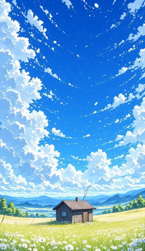 The open blue sky is a stunning scene: scattered clouds just pixelated! The style is detailed, semi-realistic with touches of digital illustration, similar to the art of Studio Ghibli: A Cabin in the Middle of a Field by Minimalists